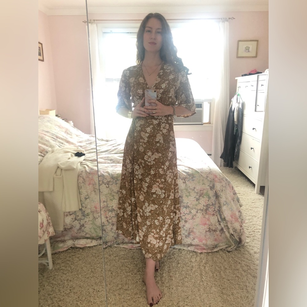 Faithfull the Brand Tan and Cream Floral Wrap Midi Dress, L - Picture 13 of 13